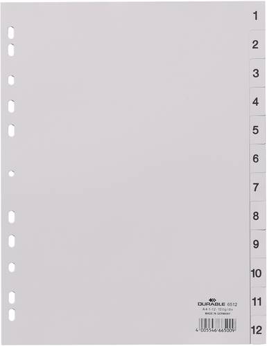Durable 6512 Register DIN A4 1-12 Kunststoff Grau 12 Registerblätter geprägte Taben 651210