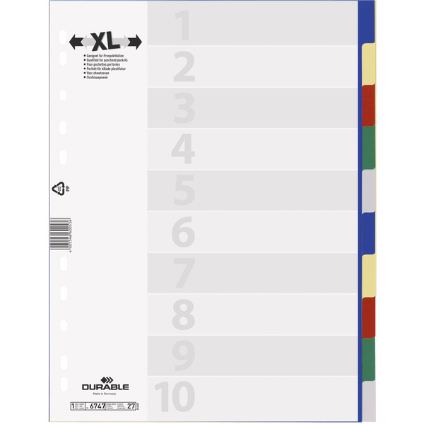 Durable Ordnerregister DIN A4, Überbreite blanko Polypropylen Blau, Gelb, Rot, Grün, Grau