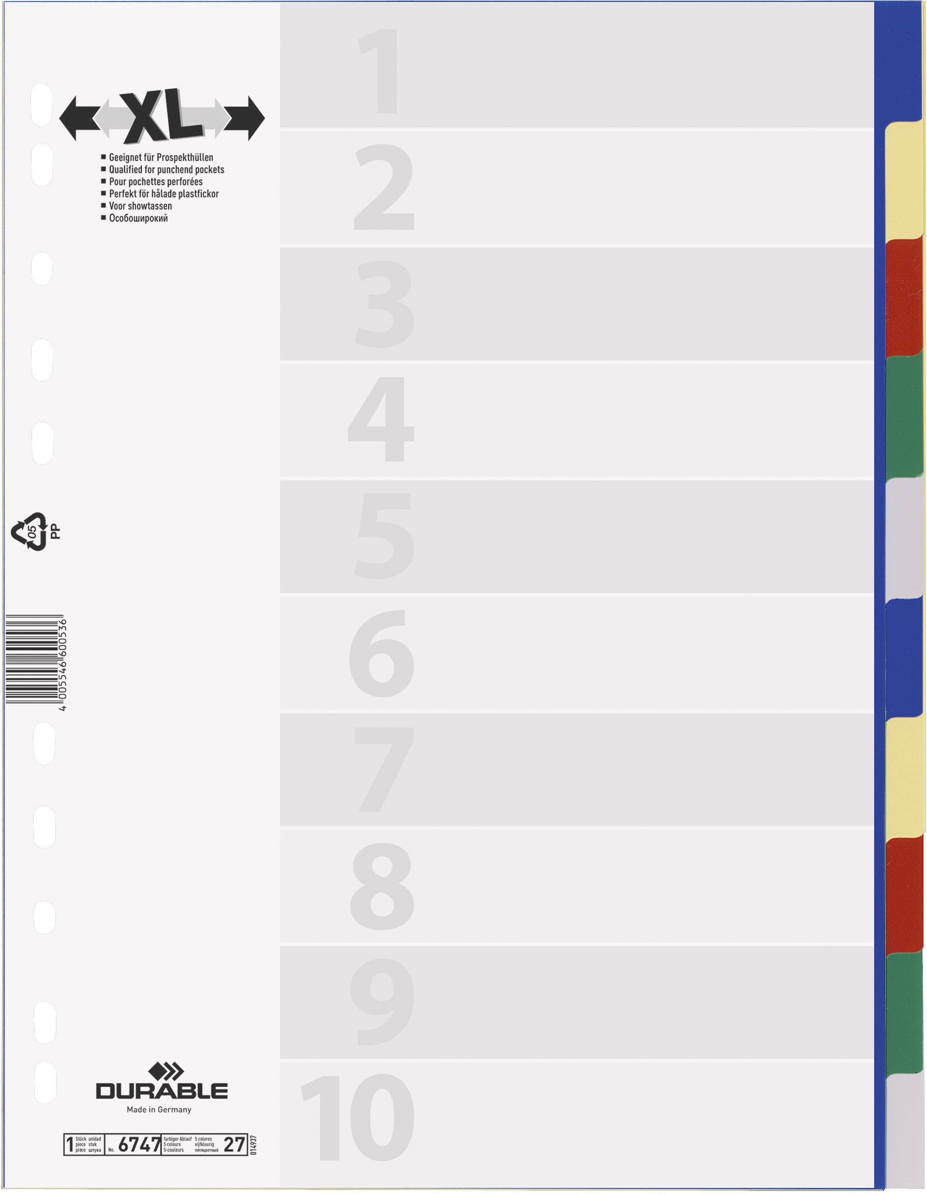 Durable Ordnerregister DIN A4, Überbreite blanko Polypropylen Blau, Gelb, Rot, Grün, Grau