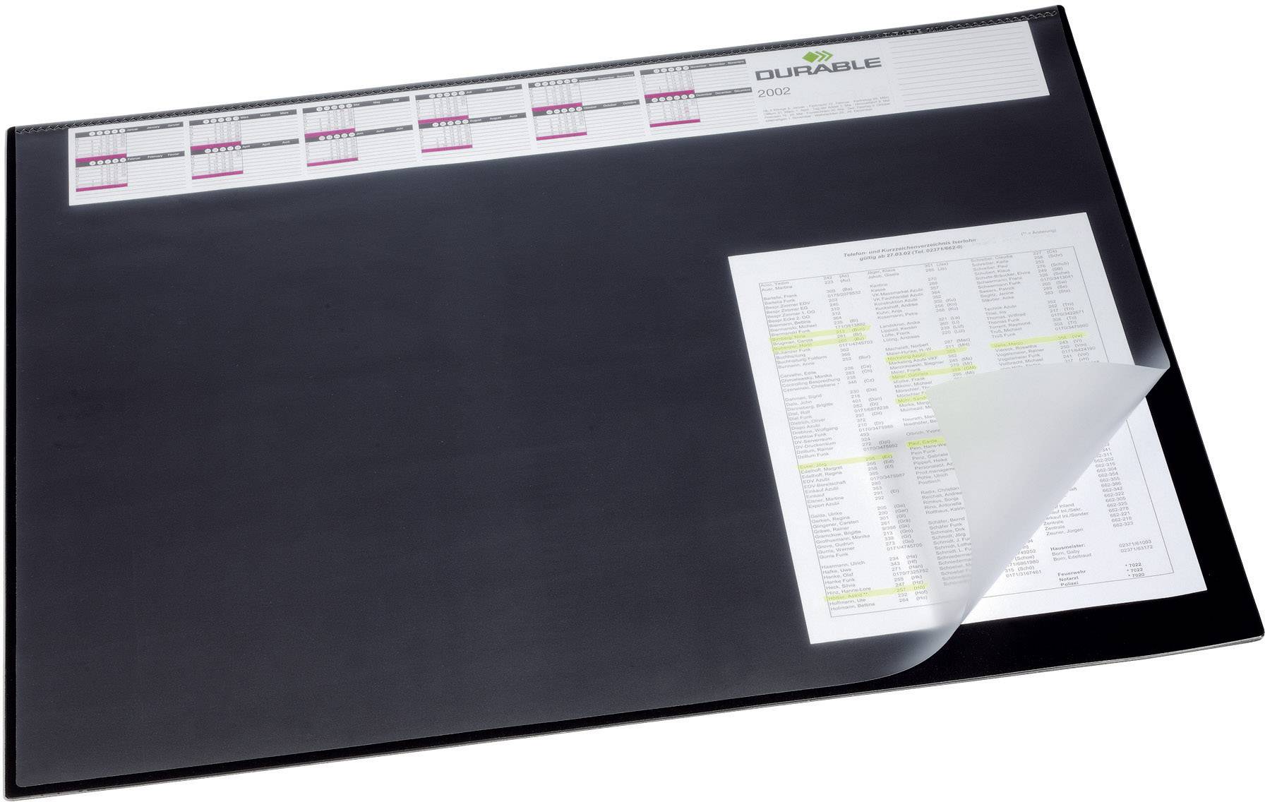 Schwarze Schreibtischunterlage mit durchsichtigem Deckel, darunter ein Kalender und Blatt mit Notizen.