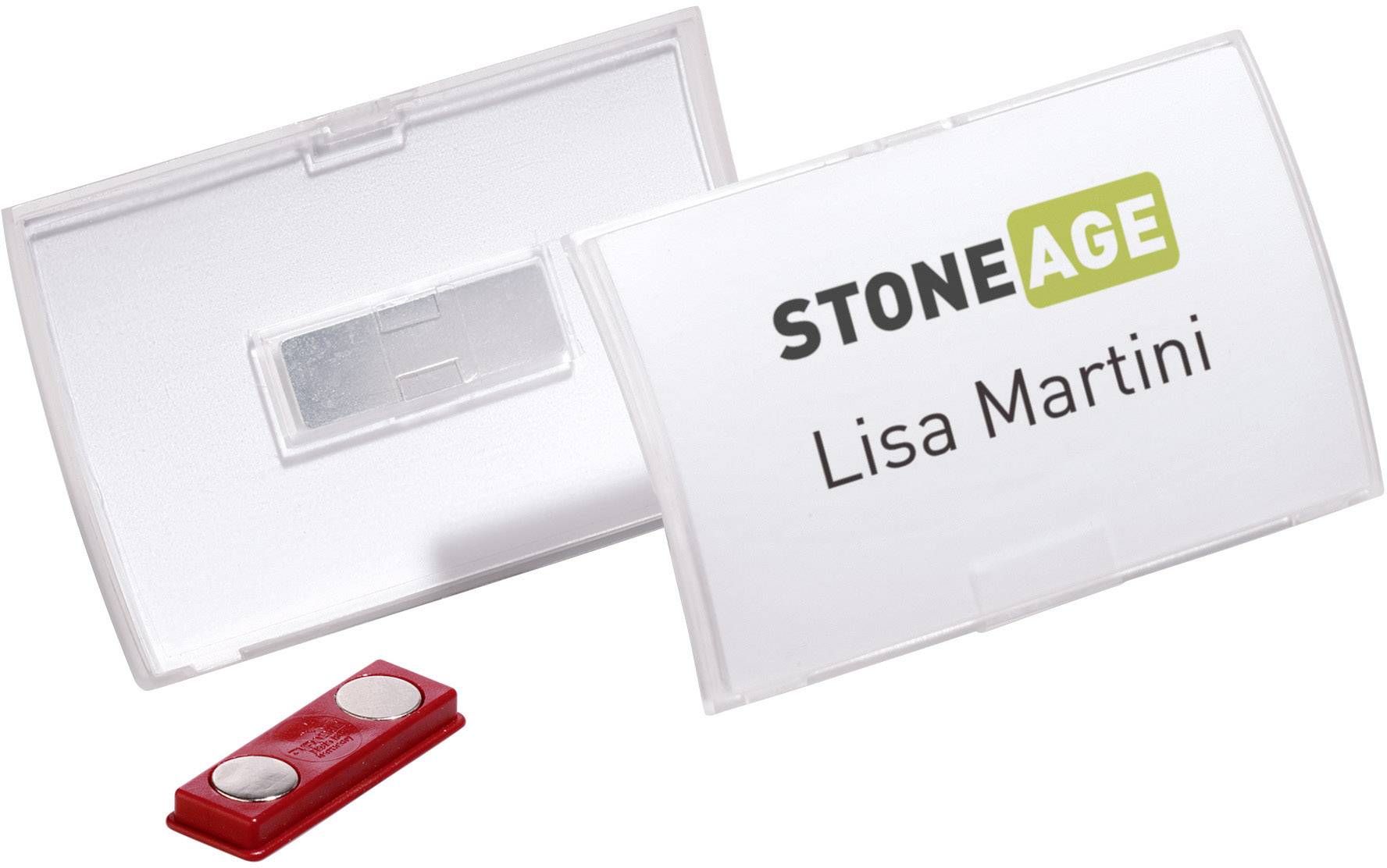 Ein Namensschild mit der Aufschrift 'STONEAGE Lisa Martini', Rückseite mit Magnetclip zur Befestigung.