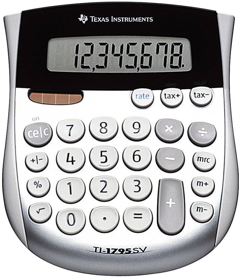 Ein silberner Tischrechner von Texas Instruments zeigt die Zahl '12,345,678' im Display. Er hat große Tasten für einfache Bedienung.