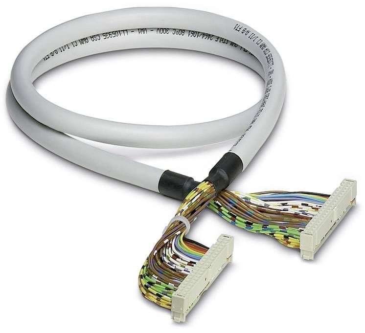 Ein graues, rundes Kabel mit zwei Steckverbindungen und bunten Drähten. Es ist für die Telekommunikationstechnik konzipiert.
