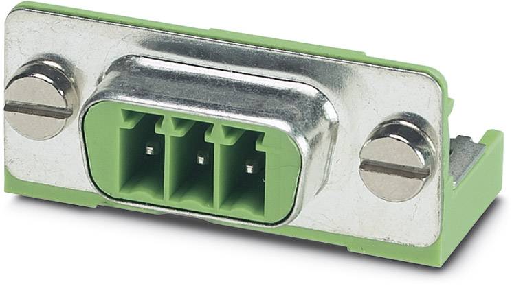 Grüner elektrischer Steckverbinder mit Metallrahmen, zwei Schrauben, dreipolige Anschlussbuchse, horizontale Ausrichtung.