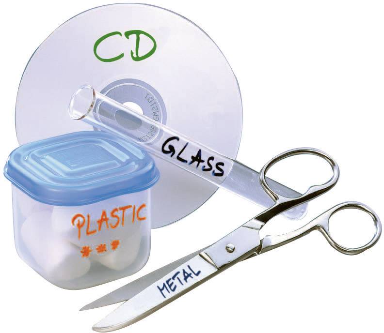 Eine CD, ein Glasröhrchen mit Aufschrift 'GLASS', ein Plastikbehälter mit 'PLASTIC' und eine Schere mit 'METAL' auf den Klingen.