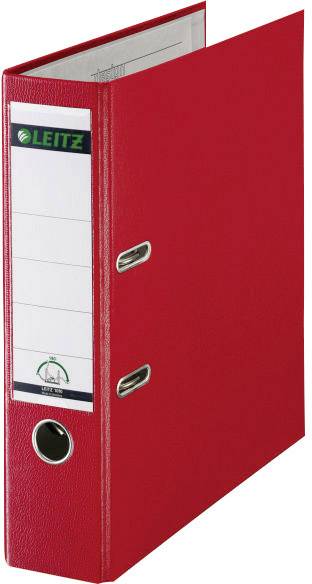 Roter Ordner mit Hebelmechanik, seitliche Beschriftungsetikett mit Leitz-Logo, offenbart Rückenschild für Inhaltsübersicht.