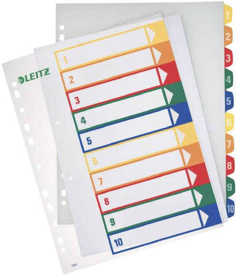 Register mit farbigen Taben von 1 bis 10 für Organisation. 'Leitz'-Logo auf der linken Seite. Geeignet zur Dokumentenarchivierung.