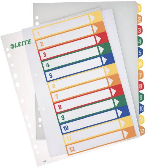 Registerblätter mit farbigen Laschen von 1 bis 12, geeignet zur Organisation und Trennung von Dokumenten in einem Ordner.