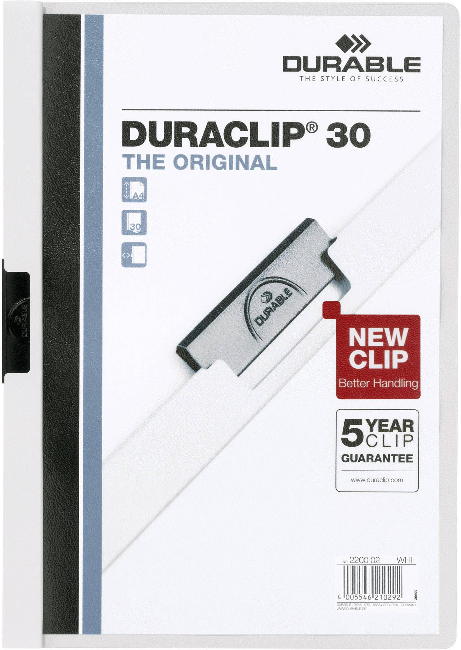 Ein Ordner mit schwarzem Rücken und Clip. Text: 'Duraclip 30 The Original'. Verspricht verbesserte Handhabung und fünf Jahre Garantie.
