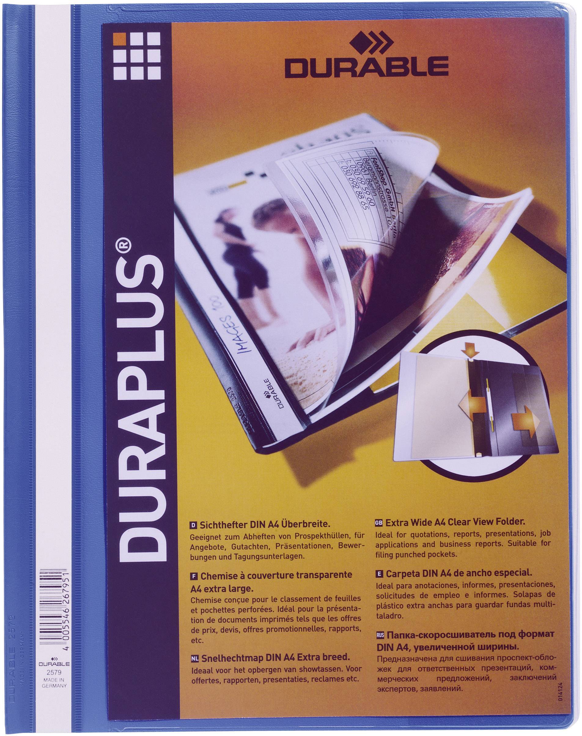 Sichthülle DIN A4 mit durchsichtigem Vorderteil, gelber Hintergrund. Markentext 'Durable', Produktabbildungen und Funktionen beschrieben.