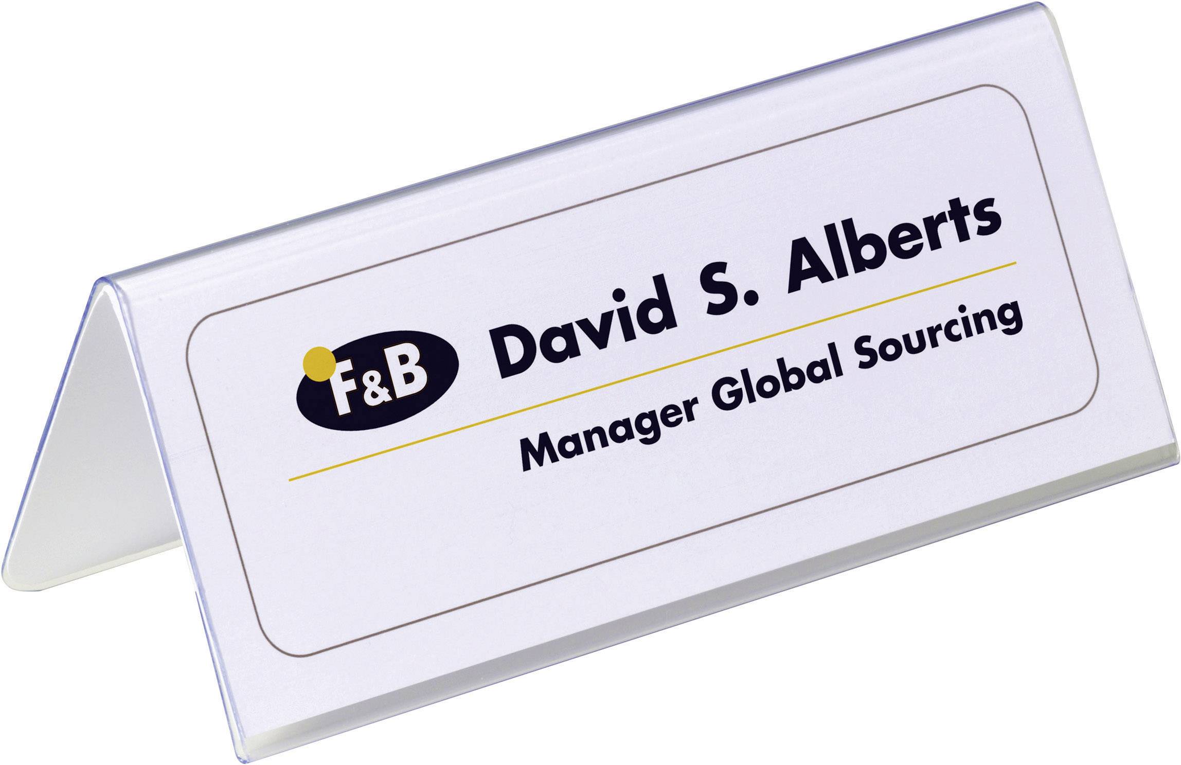 Namensschild mit Aufschrift 'David S. Alberts, Manager Global Sourcing' und F&B-Logo, auf einem Tisch platziert.