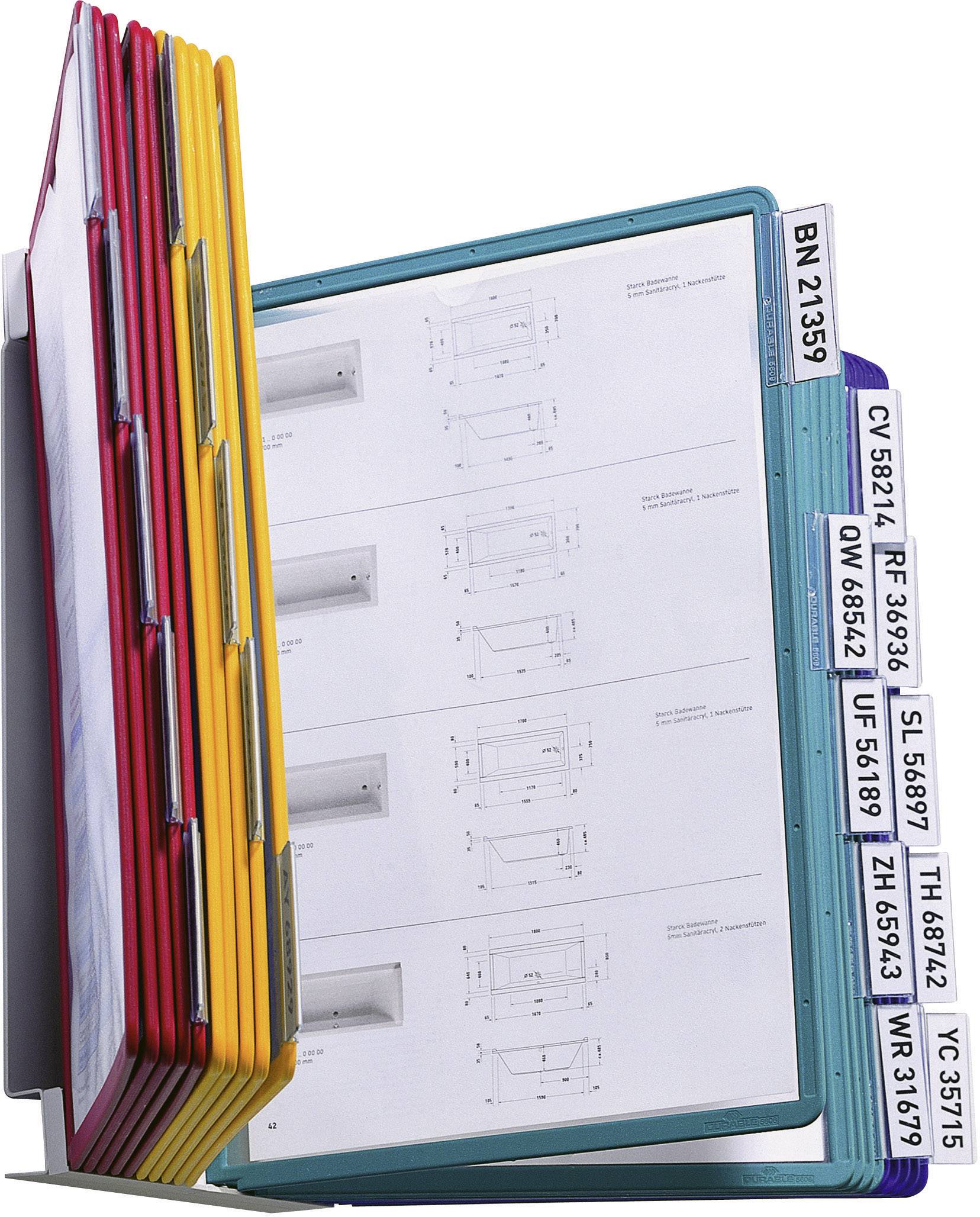 Mehrere bunte Sichttafeln in einem Ständer; jede Tafel enthält technische Zeichnungen mit verschiedenen Beschriftungen an der Seite.