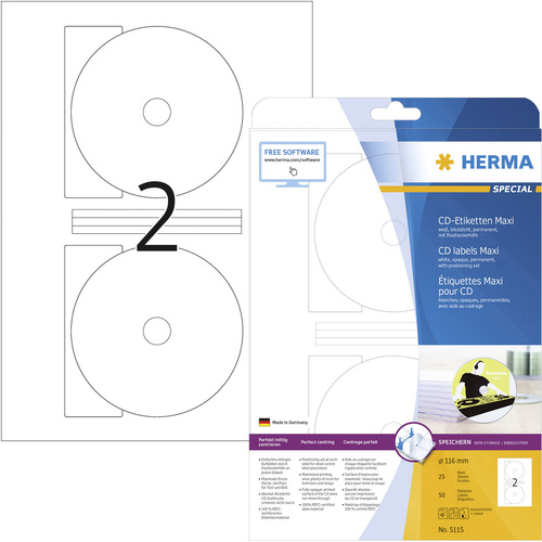 Herma 5115 CD-Etiketten Ø 116mm Papier Weiß 50 St. Permanent haftend Tintenstrahldrucker, Laserdrucker, Farblaserdrucker