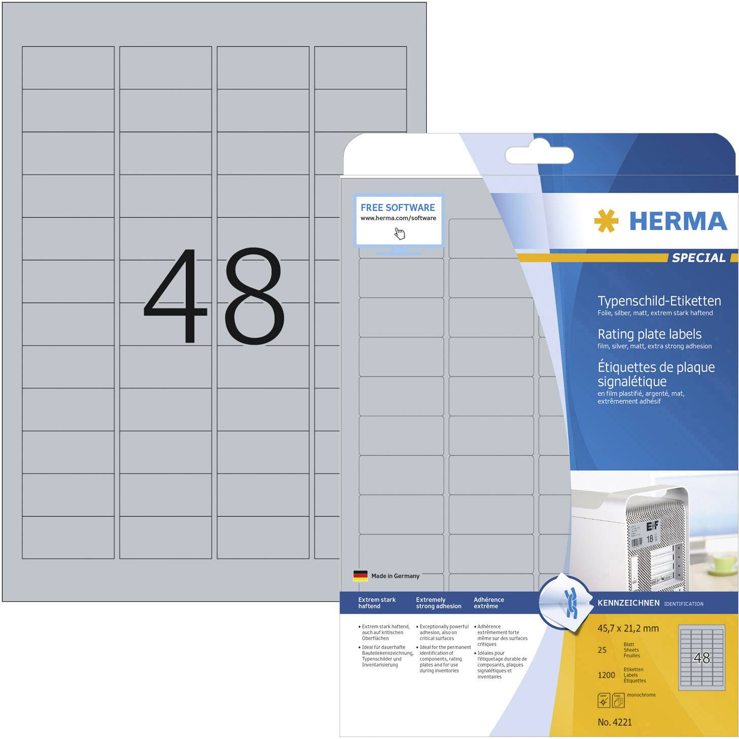 Verpackung von HERMA Typenschild-Etiketten mit 48 grauen rechteckigen Etiketten auf einem Bogen, geeignet für Kennzeichnungen.