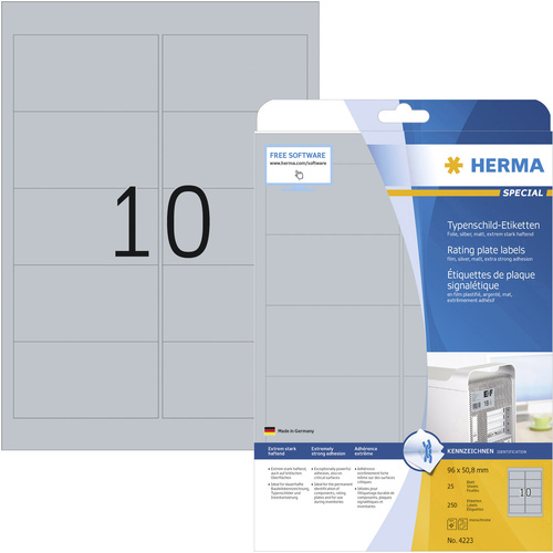 Herma 4223 Typenschild-Etiketten 96 x 50.8mm Polyester-Folie Silber 250 St. Permanent haftend Laserdrucker, Kopierer