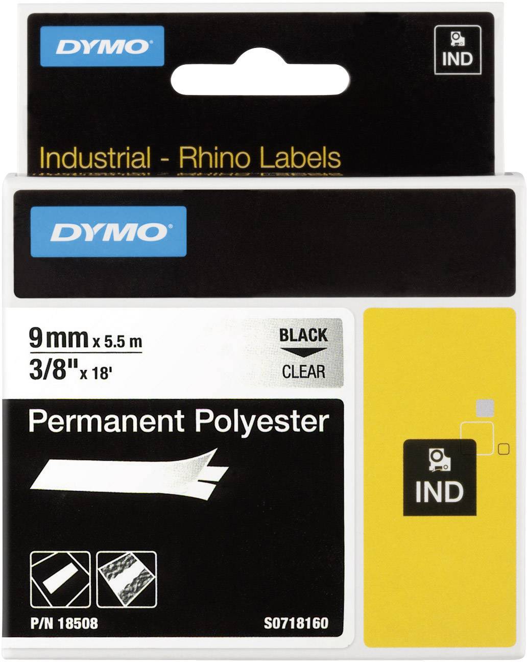 DYMO Schriftband IND RHINO 18508 Polyester Bandfarbe: Transparent Schriftfarbe:Schwarz 9mm 5.5m