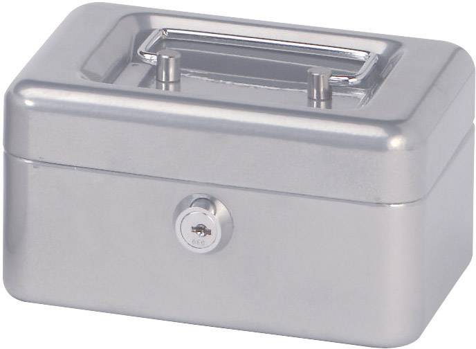 Eine graue Metallkassette mit Griff auf dem Deckel und einem Schloss vorne.