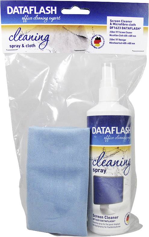 Bild zeigt ein DATAFLASH Bildschirmreiniger-Set mit Sprühflasche und blauem Mikrofasertuch in einer durchsichtigen Verpackung.