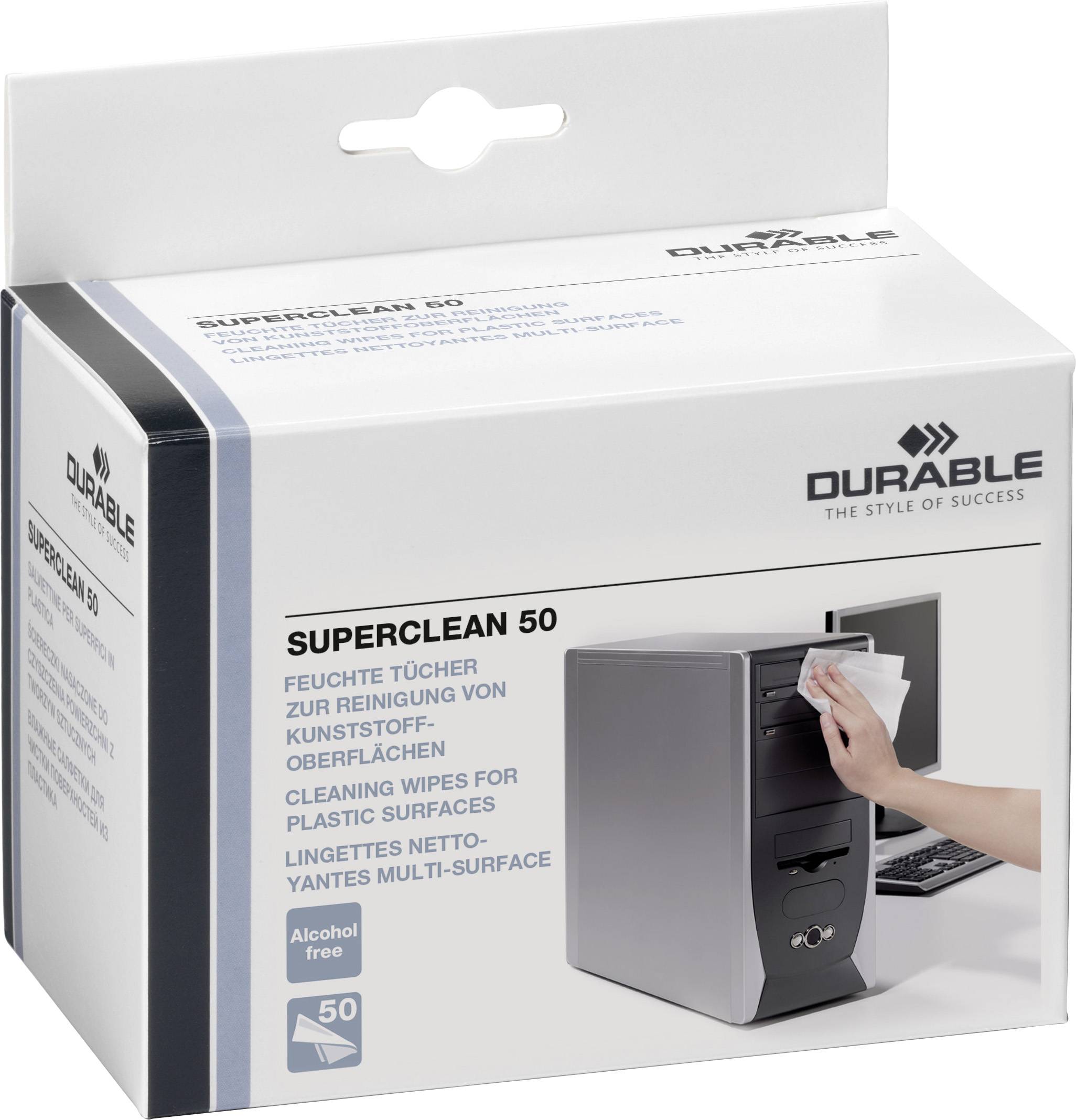 'Superclean 50' Feuchttücher-Packung für Kunststoffoberflächen, alkoholfrei. Etikett zeigt Hand, die ein Tuch für PC-Gehäuse nutzt.
