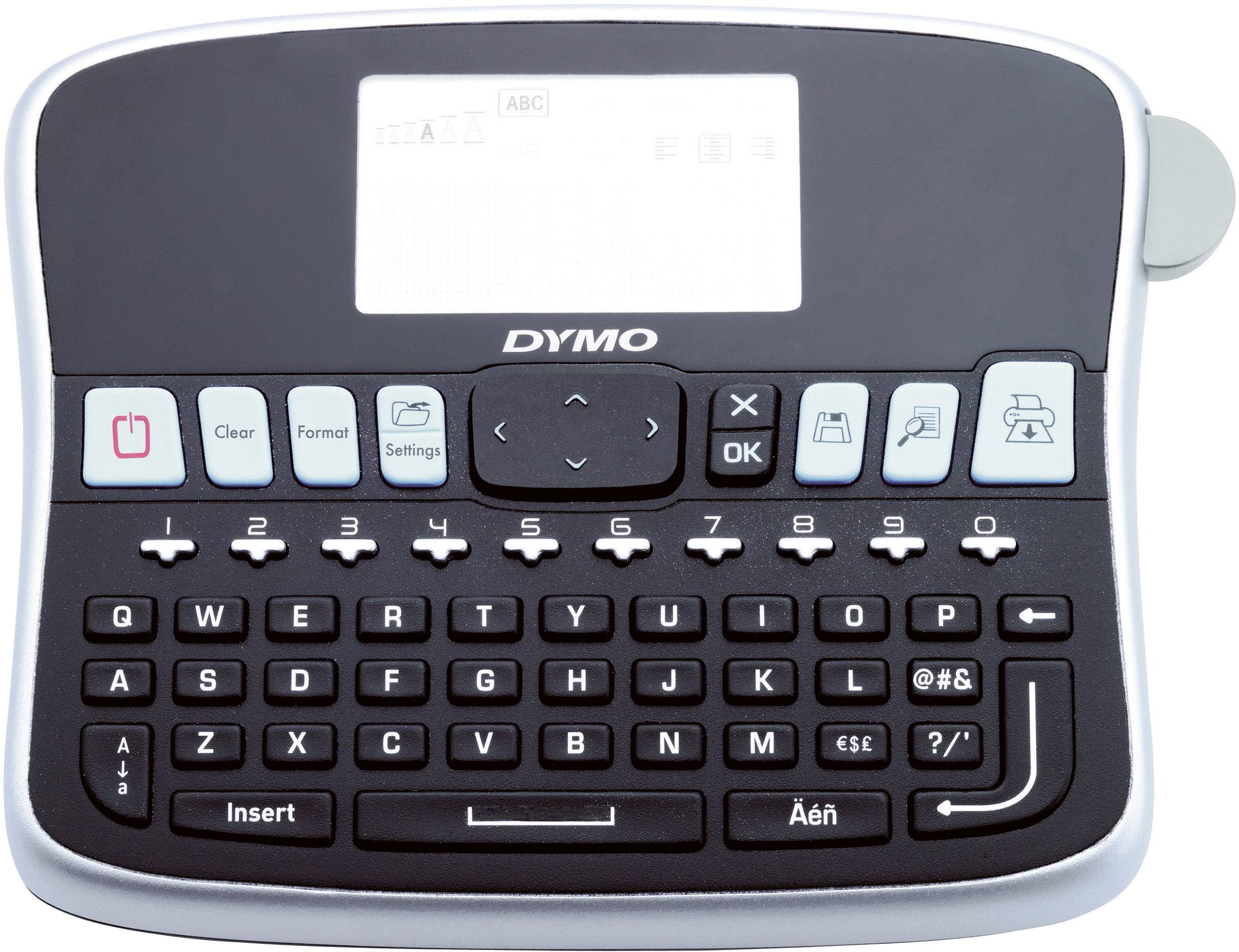 Schwarz-graues Dymo-Beschriftungsgerät mit Bildschirm oben und QWERTY-Tastatur unten. Tasten für 'Format', 'Einstellungen' und 'OK'.