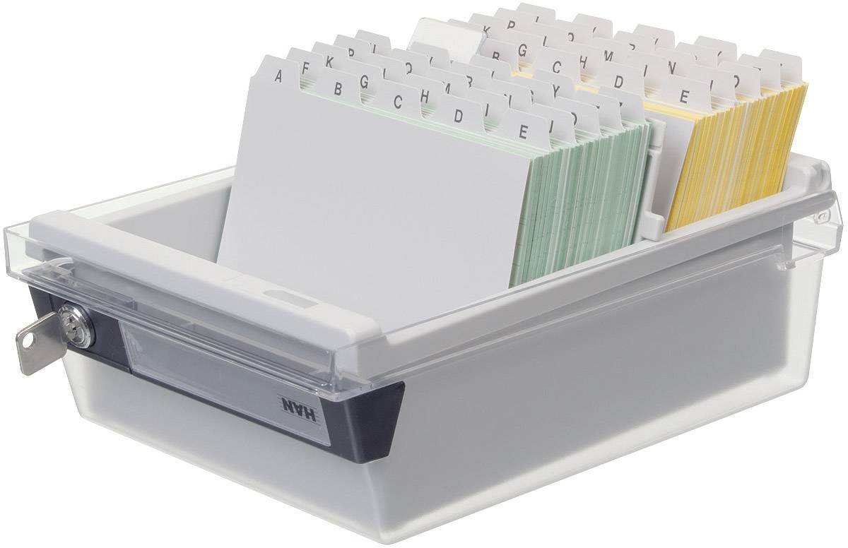 Eine durchsichtige, abschließbare Karteikartenbox mit Registerkarten in alphabetischer Reihenfolge von A bis Z.