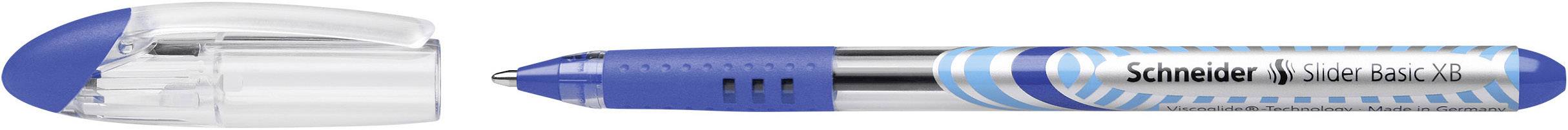 Blauer Kugelschreiber mit durchsichtigem Griff und 'Schneider Slider Rave XB' Schriftzug auf dem Schaft.