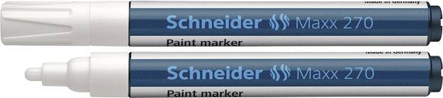 Zwei blaue Schneider Maxx 270 Lackmarker, Kappen entfernt, Spitzen sichtbar; geeignet zum Markieren auf verschiedenen Oberflächen.