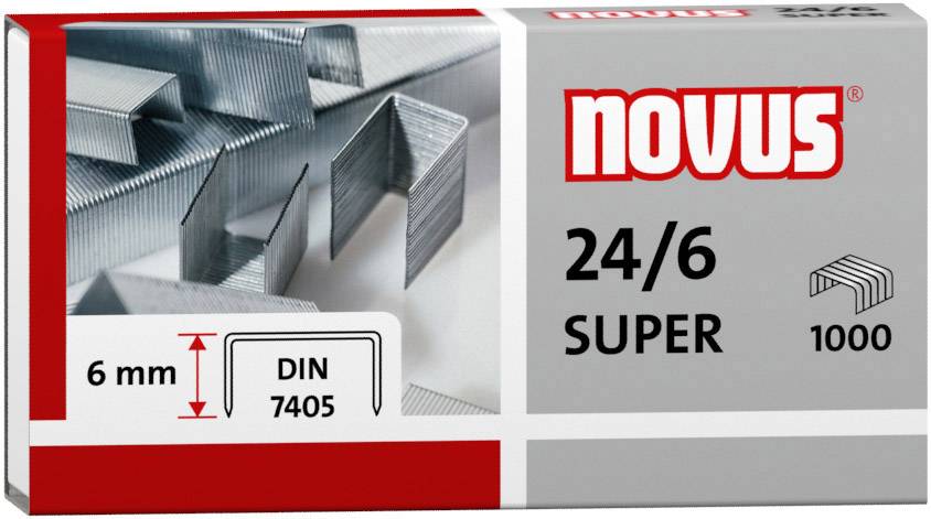 'Novus 24/6 Super' Heftklammernverpackung zeigt Heftklammern, 1000 Stück, 6mm Länge, DIN 7405 Zertifizierung.
