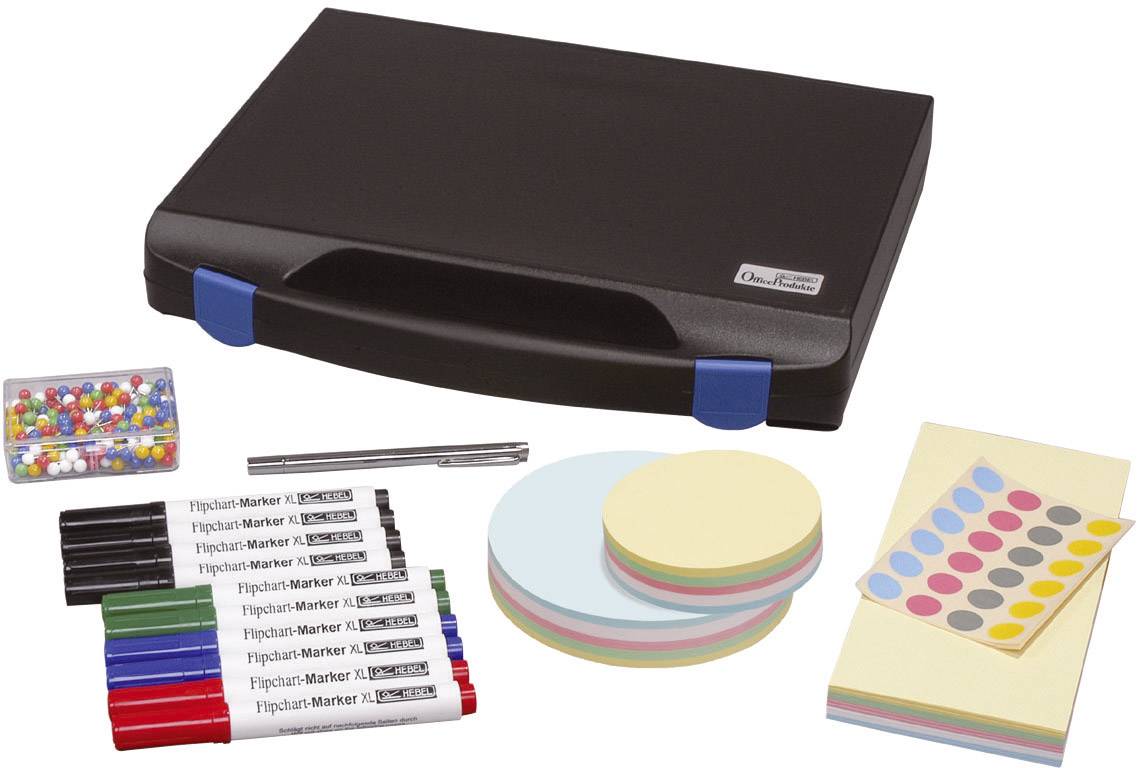 Schwarzer Moderationskoffer mit Filzstiften, runden Moderationskarten in Pastellfarben, bunten Klebepunkten und Stecknadeln.