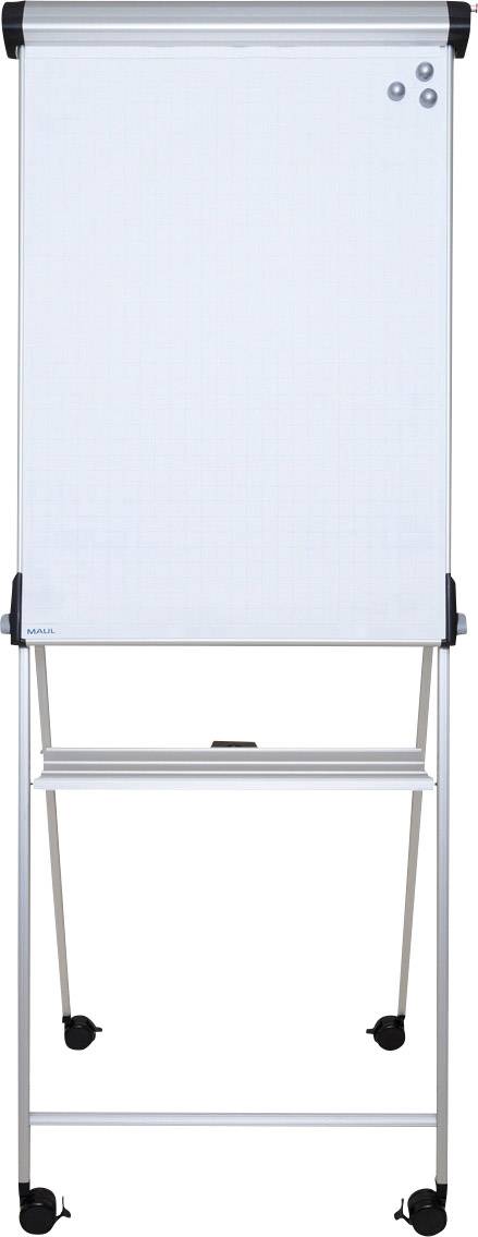 Ein leeres Flipchart auf einem Gestell mit Rollen. Es ist bereit für Präsentationen oder Notizen.