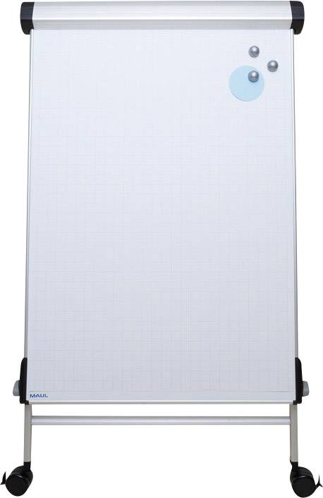 Ein weißes Flipchart mit Gitternetzmuster und zwei Magneten oben rechts. Es steht auf einem metallischen Gestell mit Rollen.