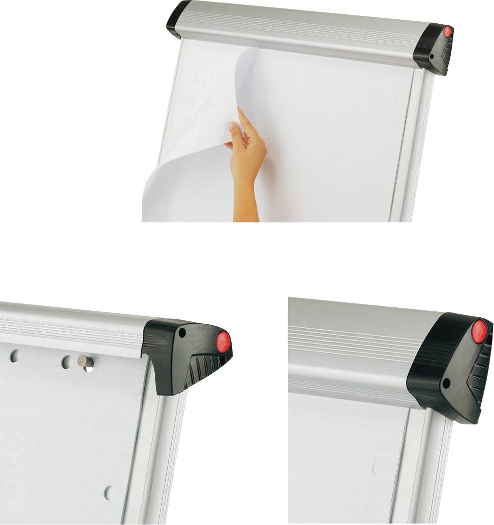 Klapprahmen mit roter Ecke, ideal zum einfachen Wechseln von Postern oder Plakaten. Hand zeigt den Mechanismus zur Öffnung.