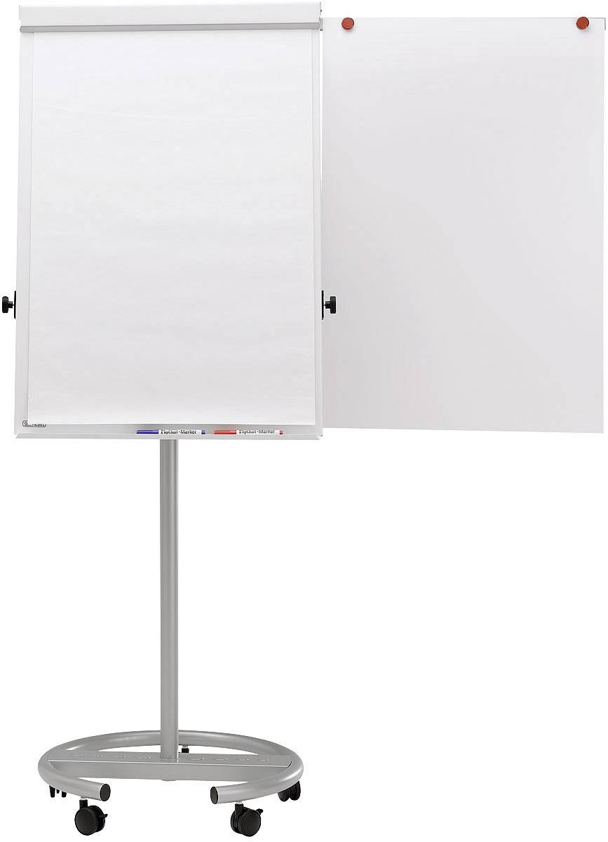 Flipchart auf Rollen mit leerer Papierseite und Tafel. Geeignet für Präsentationen oder Meetings.