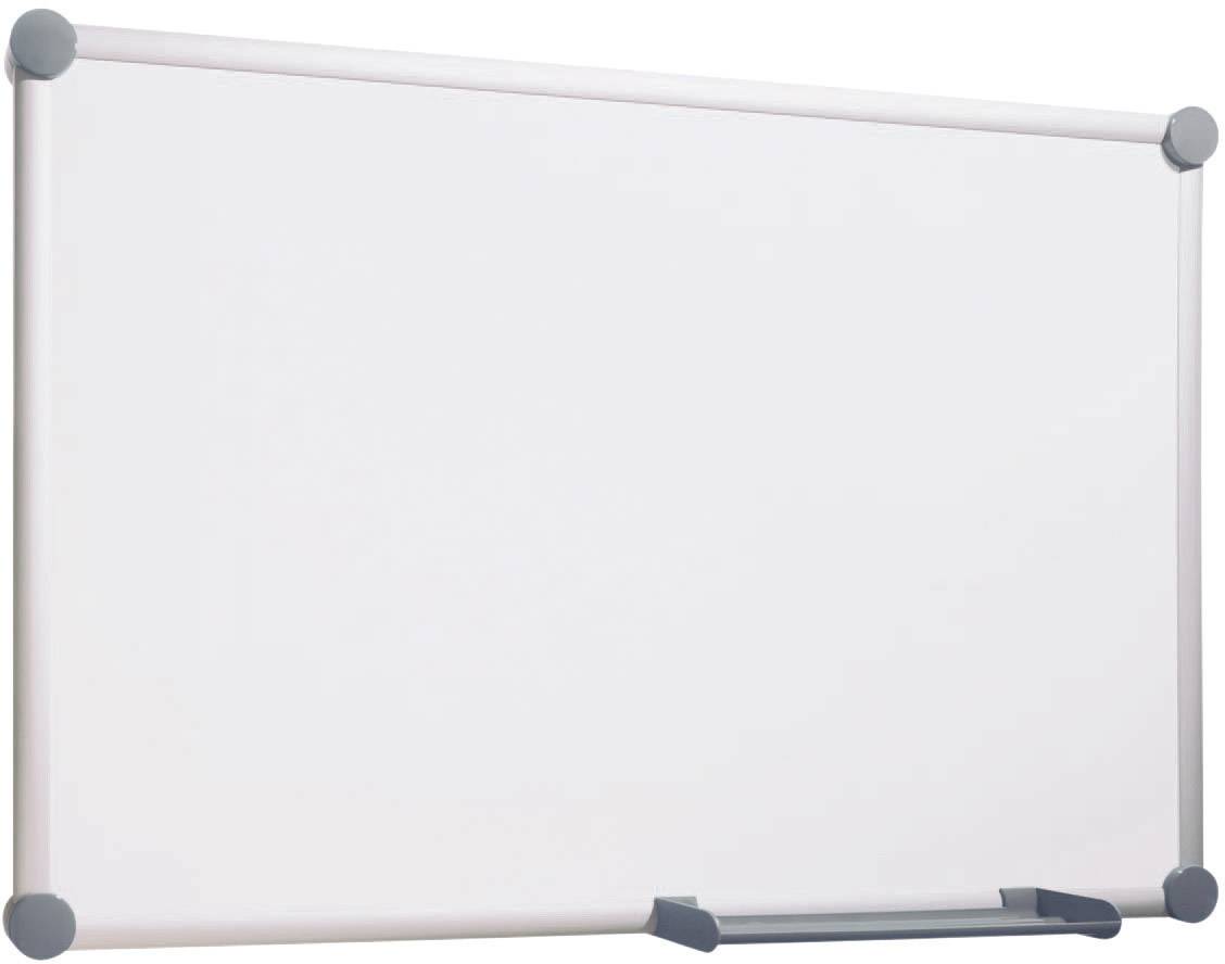 Ein leeres, rechteckiges Whiteboard mit silbernem Rahmen und abgerundeten Ecken.