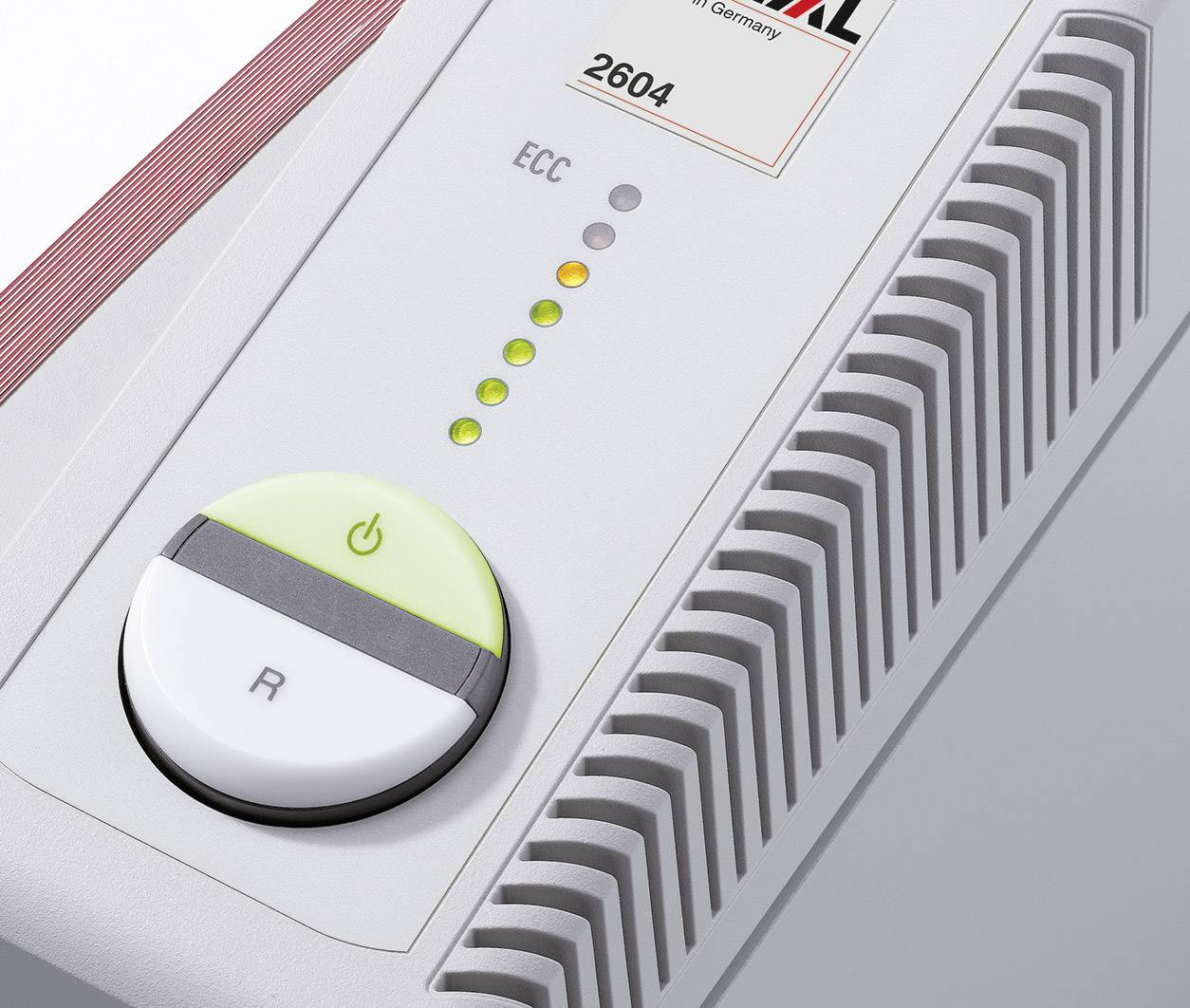 Ein Drucker- oder Kopiergerät mit Power- und Reset-Taste. Fünf Kontrolllichter zeigen den Status an, um Betriebsbereitschaft anzuzeigen.