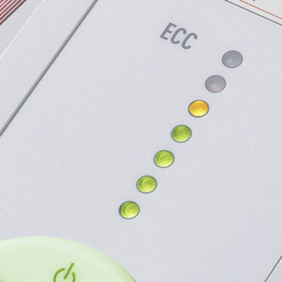Eine Reihe von LED-Lichtern, die in Grün, Gelb, und Rot leuchten, unter der Aufschrift 'ECC', zeigt den Status eines Geräts an.