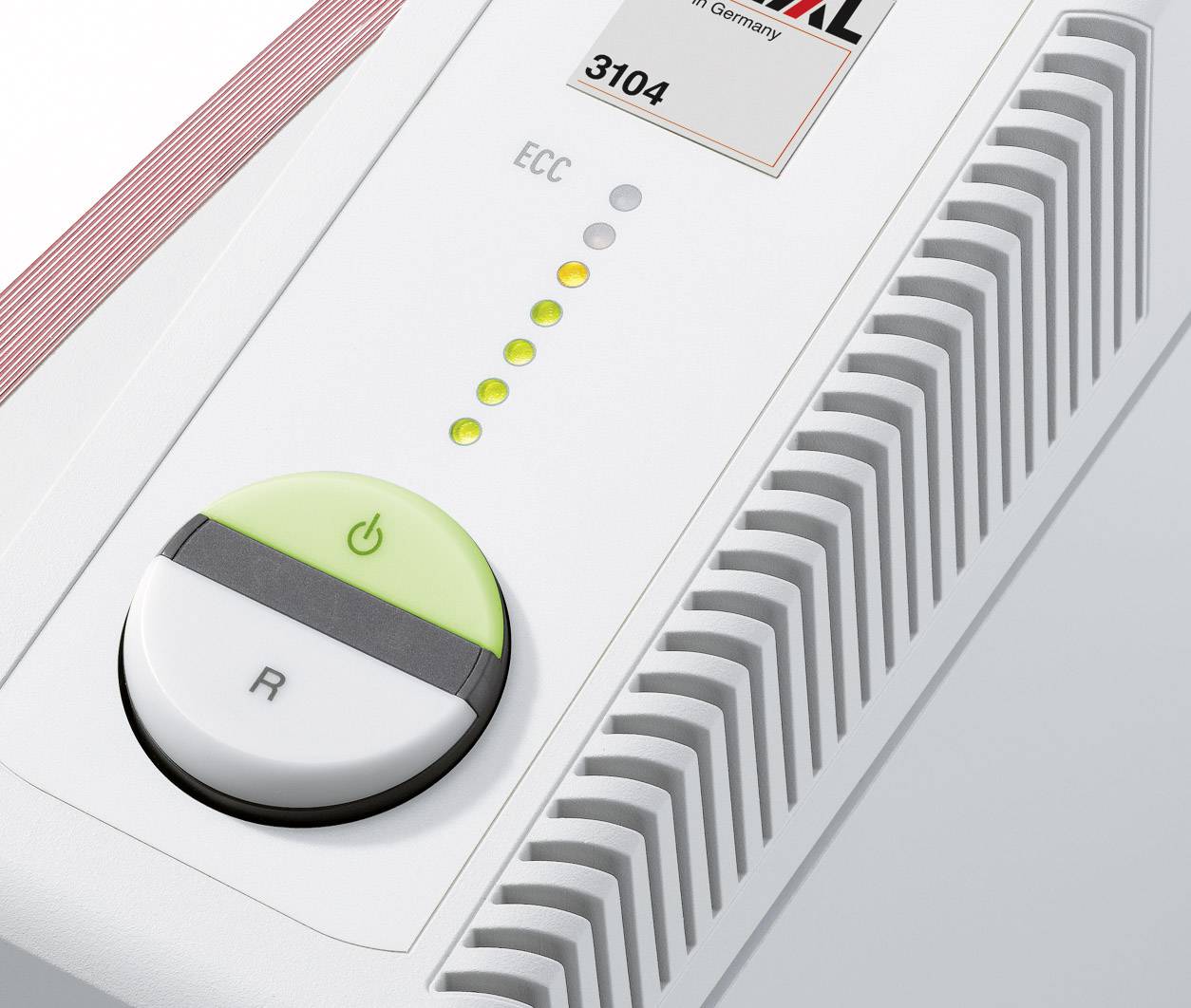 Nahaufnahme eines Heizungsthermostats mit grünem Einschaltknopf und Temperaturregler. Vier gelbe Lichter leuchten.