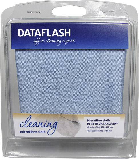 Eine Verpackung mit einem blauen Mikrofasertuch der Marke Dataflash, gekennzeichnet als 'cleaning microfibre cloth', Größe 40x40 cm.
