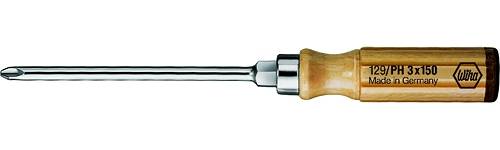 Ein Schraubendreher mit Holzgriff, der Griff ist mit der Aufschrift '129/PH 3x150 Made in Germany' bedruckt.