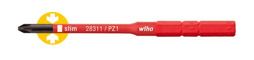 Roter Schraubendrehereinsatz mit schwarzer Spitze. Aufschrift: 'slim 28311 / PZ1'. Geeignet für enge Schraubverbindungen.