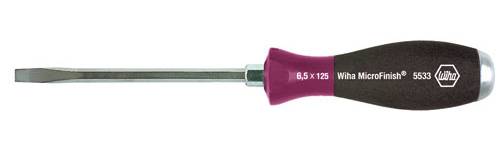 Flacher Schraubendreher mit pink-schwarzem Griff. Aufschrift: '6,5 x 125 Wiha MicroFinish 5333'.