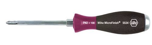 Schraubendreher mit rotem Griff, Aufschrift 'PH2 x 100 Wiha MicroFinish 5534', geeignet für PH2-Schrauben.