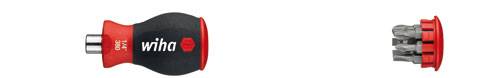 Ein Schraubendrehergriff von der Marke Wiha, links mit Logo und rechts abgebildet mit mehreren herausragenden Bits.
