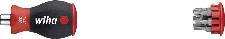 'Wiha' Schraubendreher mit austauschbaren Bits auf weißem Hintergrund, auch ein rotes Bitset mit mehreren Bits sichtbar.