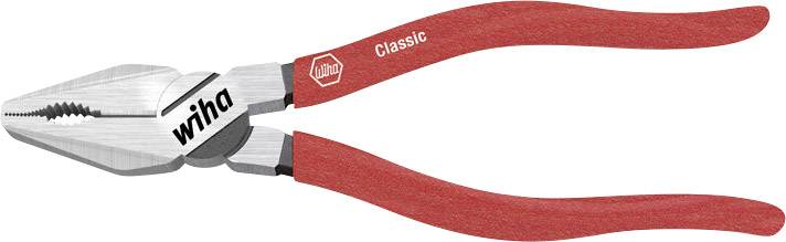 Eine rote Kombinationszange mit Metallkopf, ergonomischen Griffen und der Aufschrift 'wiha' sowie 'Classic'.