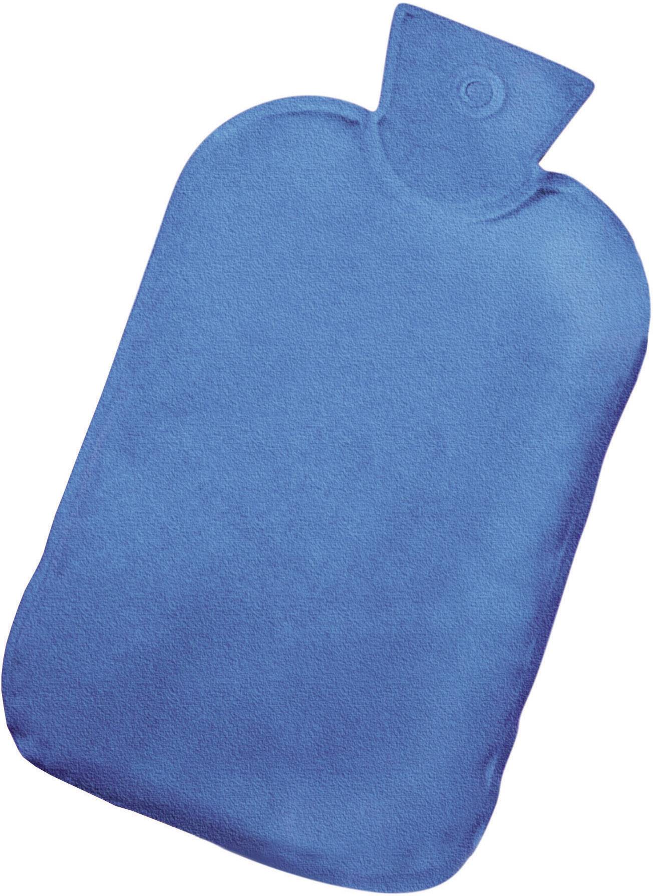 Blaue Wärmflasche mit Stoffbezug, verwendet zur Schmerzlinderung oder Wärmebehandlung.