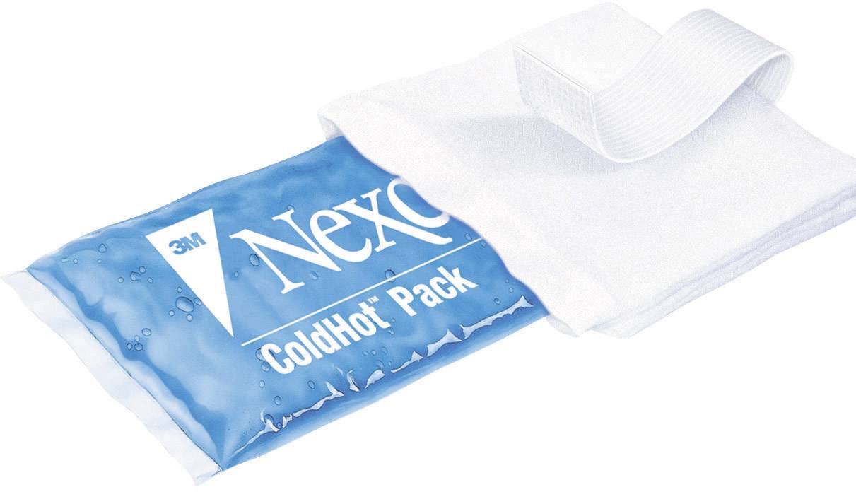 Ein blaues 3M Nexcare ColdHot Pack mit weißer Stoffhülle und elastischem Band, dient zur Wärme- oder Kältetherapie.