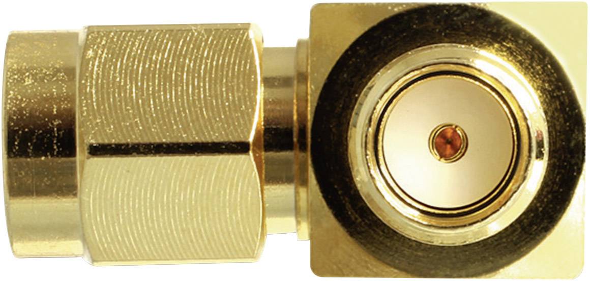 Goldfarbener koaxialer Antennenstecker, SMA-Buchse, Nahaufnahme der Verbindungs- und Schraubfläche.