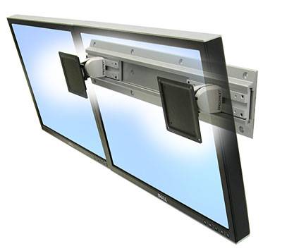 Zwei nebeneinander befestigte Monitore an einer Wandhalterung, die Flexibilität und Anpassung ermöglicht.