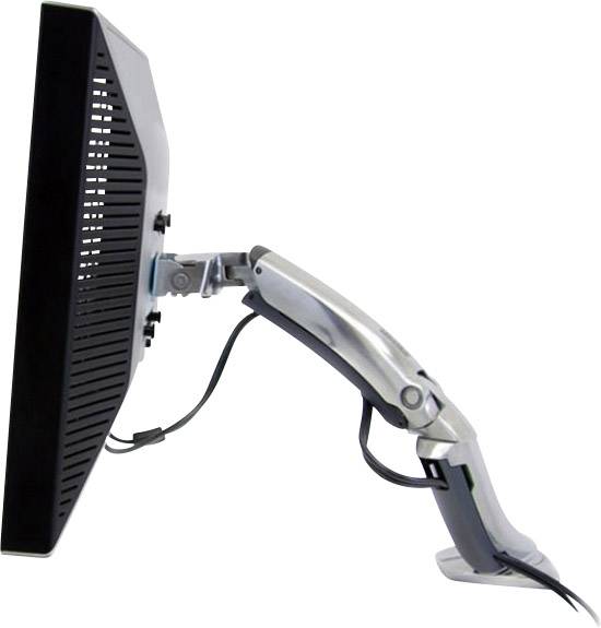 Seitenansicht eines Monitors mit einem flexiblen, einstellbaren Arm, der am Tisch montiert ist. Der Arm ermöglicht Höhen- und Neigungseinstellungen.